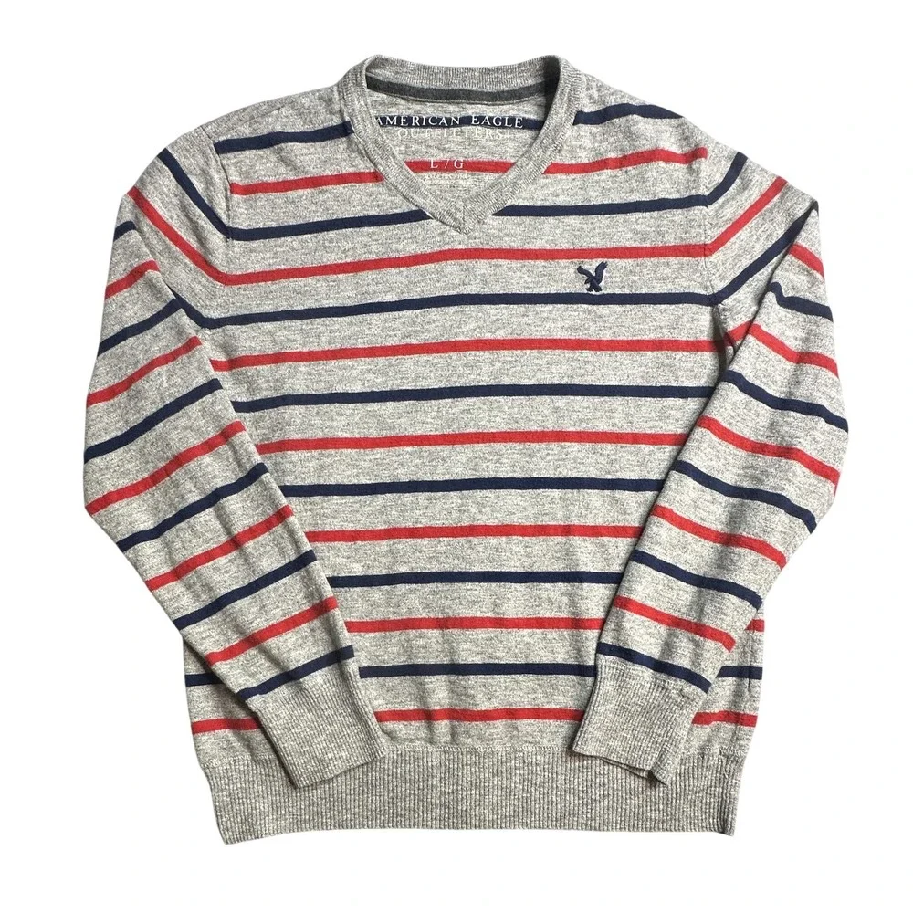 American‎ Eagle Outfitters Sweater Mens Large Gray Stripe V Neck Pullover Knit